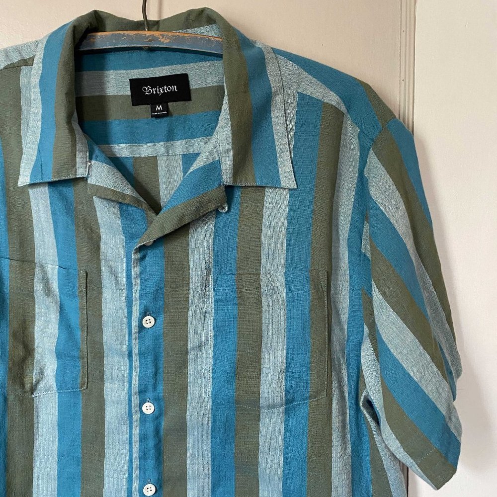 Brixton Medium Blue & Olive Striped Short Sleeve Button Down Camp Collar Shirt